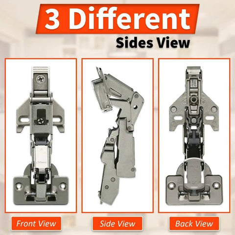 No Stress Setup Full Overlay Cabinet Hinges Bundle With Rock Solid Self Closing Mechanism Premium Nickel Finish visible from front, side, and back views.