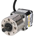 Front angle of Beefy 19.19:1 Geared Nema 14 Stepper Motor With Integrated Planetary Gearbox, showing 20mm shaft and cable