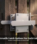 predolo Latch with Double-Sided Handle-Shielded Spray-Coated Finish, Sliding Bolt Gate Latch installed on wooden fence.