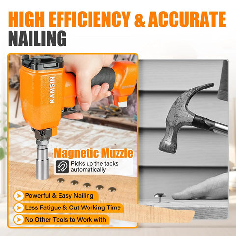 Premium Pneumatic Decorative Nailer 41 By 64 Inch Compact Deco Nail Gun shown in use for precise nailing with magnetic muzzle.