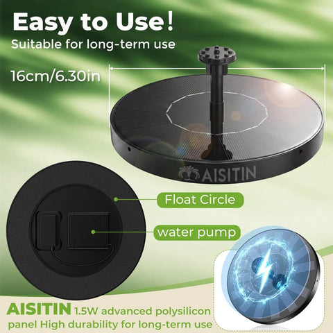 Solar Bird Bath Fountain Pump With Six Nozzles Solar Powered Water Fountain For Garden Ponds Pool Fish Tank And Outdoor Use Quick Start In Sunlight In Seconds High Efficiency Backyard Water Feature, round design with measurements.