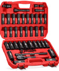 Half Inch Drive Master Impact Socket Set For Heavy Duty Wrenching, open red case showing 47 piece sockets and wrench, Cr Mo steel.
