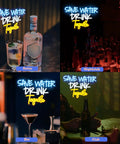 Collage of 4 images with 'Save Water Drink Tequila' neon sign featuring tequila bottle, nightclub bar, cocktail glass, and club setting.