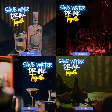 Collage of 4 images with 'Save Water Drink Tequila' neon sign featuring tequila bottle, nightclub bar, cocktail glass, and club setting.