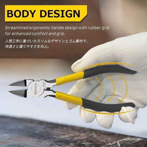 BOOSDEN 6.5-inch wire cutter with yellow handles and black grip, spring-loaded flush cutter, close-up view