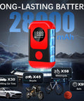 Red All In One Portable Tire Inflator And Jump Starter Kit With LED Light, Auto Stop, Cordless Air Pump 28000mAh Battery