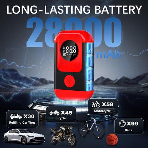 Red All In One Portable Tire Inflator And Jump Starter Kit With LED Light, Auto Stop, Cordless Air Pump 28000mAh Battery