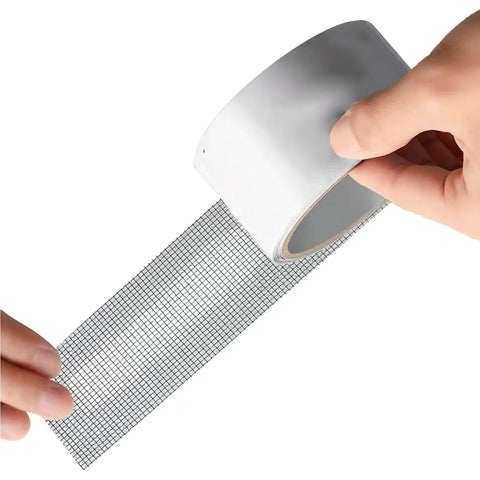 Hands holding white roll of Window Screen Repair Patch Tape No Fuss Self Adhesive Mesh Patch With Double Sided Adhesive Easy Peel And Stick Quick Fix For Holes In Steel Screens At Home White
