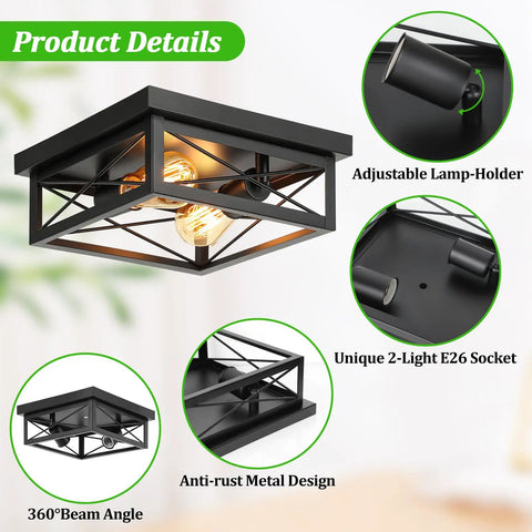 2 Light Industrial Square Flush Mount Ceiling Light Fixture For Kitchen And Hallway, Modern Black Farmhouse Ceiling Light Close To Ceiling E26, 2 Pack Sleek And Sturdy No Fuss product details with close-up views