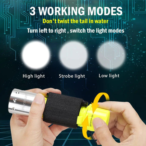 Rechargeable Underwater Dive Light With 3 Modes Beastly Bright High Lumens LED Torch showing light mode switch mechanism