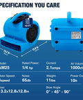 Two Speed 1/4 HP 1000 CFM Air Mover For Carpet Drying And Floor Cooling, blue dryer fan with specifications