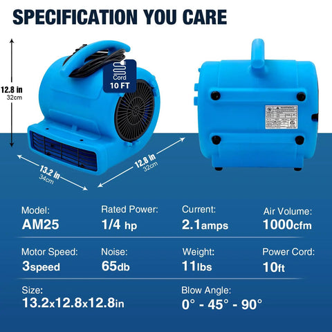 Two Speed 1/4 HP 1000 CFM Air Mover For Carpet Drying And Floor Cooling, blue dryer fan with specifications
