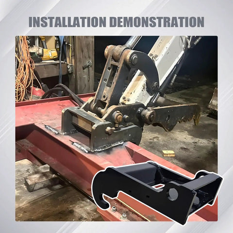 No Fuss Quick Connect Excavator Bucket Coupler Bracket installed on Bobcat E Series Mini Excavator with steel lug mount