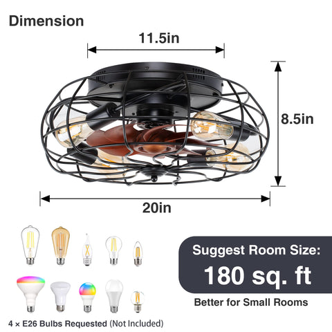 Industrial Black 20 Inch Caged Ceiling Fan With Light, Low Profile Flush Mount, Remote Control, suitable for small rooms.