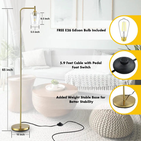 Gold Floor Lamp For Bedroom And Living Room, Industrial Tall Standing Light With Pedal Foot Switch, Champagne Glass Shade
