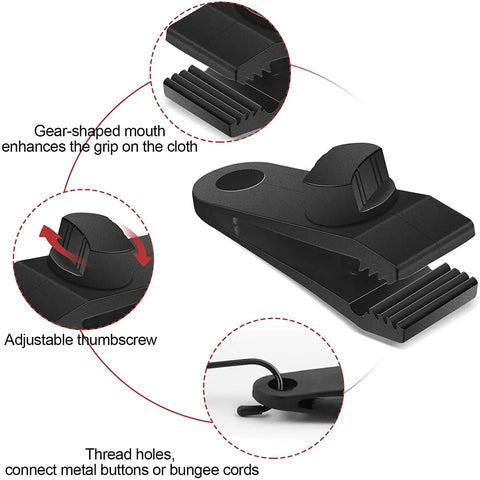 Close-up view of tarp clip with gear-shaped mouth and adjustable thumbscrew. Five Pack 12 Inch Bungee Cords With Hooks And Tarp Clips.