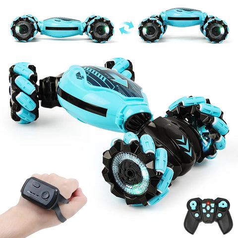 Gesture Sensing RC Stunt Car For Kids 6 To 12, Hand Controlled Double Sided Twist Vehicle, blue car with watch and remote