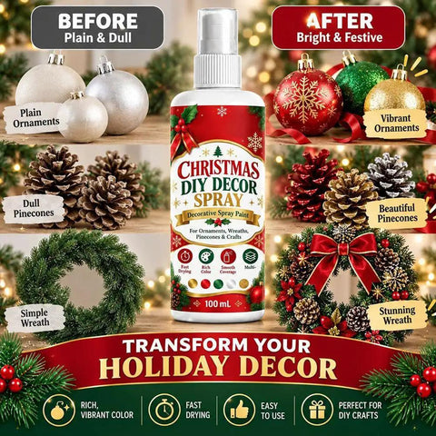 Christmas DIY Decor Spray Paint, Black Holiday Craft Mist for Ornaments displayed with transformed ornaments and wreaths.