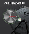 Close up of built-in thermometer on two chamber outdoor compost tumbler bin with sturdy steel frame, green door visible.