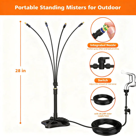 Outdoor Standing Mister For Patio Cooling, 28-inch portable misting station with integrated nozzle and switch, requires no power