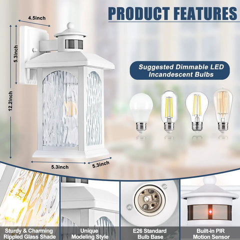 Motion Sensor Outdoor Wall Sconce With Dusk To Dawn Lighting, Waterproof Exterior Light Fixture In White Rippled Glass shown.