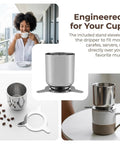 Rock Solid Stainless Steel Pour Over Coffee Dripper With Fine Mesh Metal Filter on a stand above a mug, ideal for brewing.