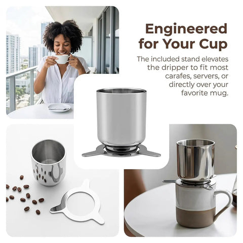 Rock Solid Stainless Steel Pour Over Coffee Dripper With Fine Mesh Metal Filter on a stand above a mug, ideal for brewing.
