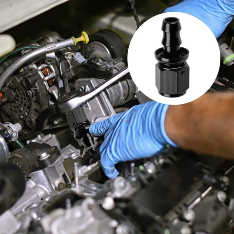 Two Pack 6AN Female To 3/8 Inch Barb Hose Fittings Leak Proof 37 Degree Flare Chamfer Deep Thread Ideal For Fuel Lines Oil Coolers Transmission Coolers Automotive Marine And Industrial Use, black anodized aluminum fitting in engine bay