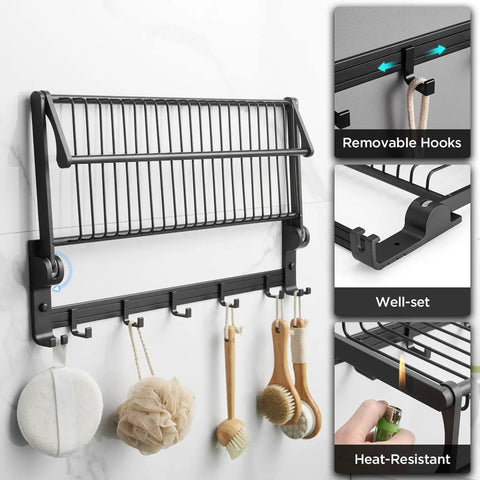 Space Saving 24 Inch Wall Mounted Towel Rack With Foldable Shelf And 7 Hooks No Assembly Required Black Bathroom Organizer