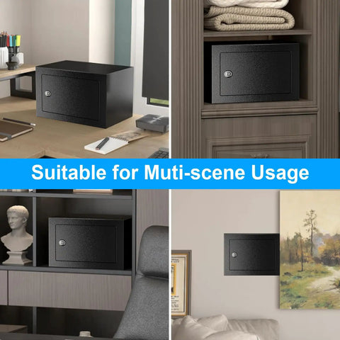 Compact 1.8 Cubic Fireproof Safe for Home Use with Digital Keypad and Waterproof Design, shown in various home settings.
