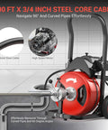 Heavy Duty Electric Drain Snake With 100 Foot Steel Core Cable And Four Precision Cutters for 90-degree pipe navigation.