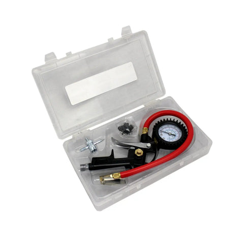 Pistol Grip Tire Inflator Gauge Kit With One Quarter Inch Fittings Gauge Hose Chuck Deflate Button Valve Cores And Storage Case