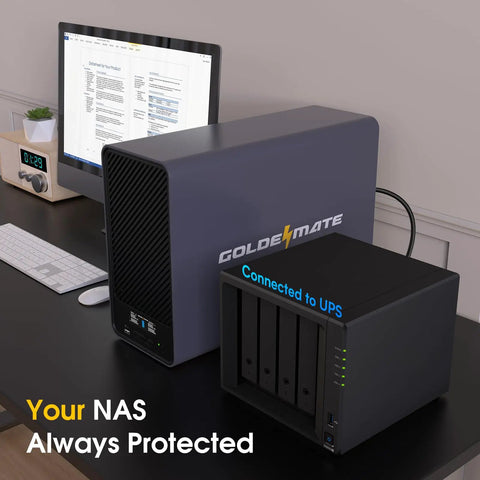 LiFePO4 Powered UPS Battery Backup And Surge Protector With 1500 VA And 1200 W Output on desk with NAS connected