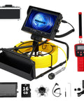 Badass 100 Foot Sewer Camera With A Big 9 Inch 1080p Screen And 512hz Wire Locator displayed with parts, including yellow cable and monitor.