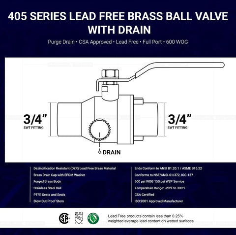 Premium Full Port Brass Ball Valve With Drain 3/4 In SWT X 3/4 In SWT Heavy Duty Forged Brass schematic with specifications