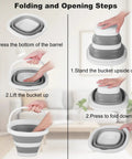 Instructional guide showing folding steps for 5L Collapsible Bucket With Handle For Car Wash And Cleaning, Foldable Mop Bucket.