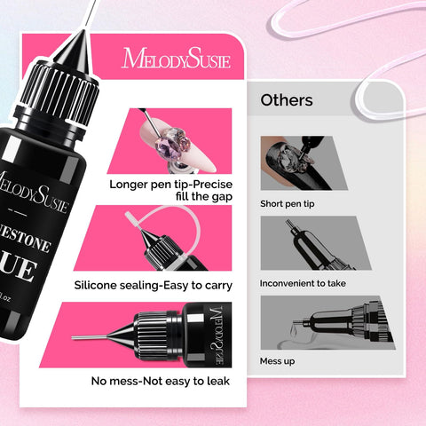 Two Pack Rhinestone Glue For Nails Ultra Strong 3D Gel Nail Art Adhesive For Nail Charms, longer pen tip comparison
