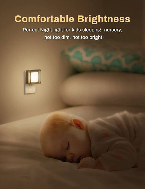 LED Night Light 2 Pack With Dusk To Dawn Sensor Auto On Off Wall Plug In Night Lights Dimmable Brightness For Bathroom Hallway Bedroom Kids Room Stairway Soft White Glow lighting a cozy nursery with sleeping baby.