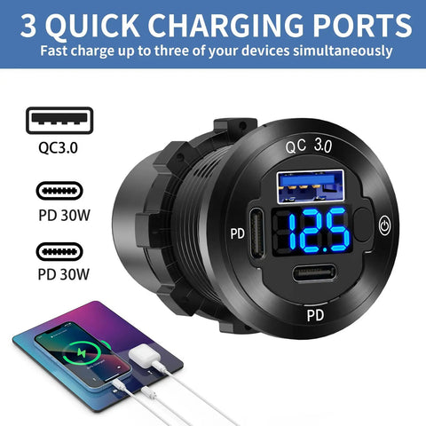 Built Tough All Aluminum 12V USB Car Socket 3-Port Marine Fast Charger with digital voltmeter display