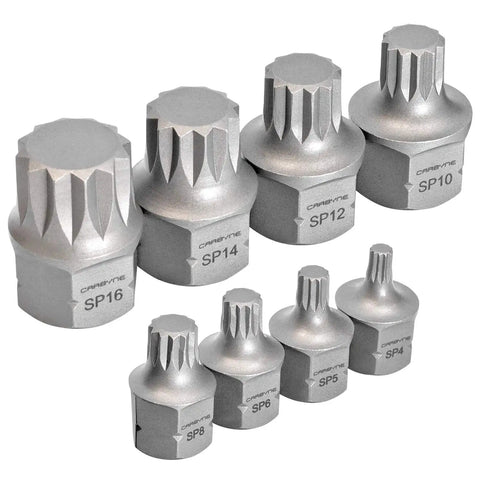 Set of 8 XZN Triple Square Stubby Low Profile Bit Socket 4-16mm, S2 Steel, 12 Point Spline, for Tight Cramped Spaces