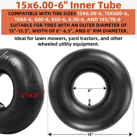 Beefy 2-Pack 15x6-6 Inner Tubes With TR87 Bent Valve Stem For Lawn Mowers Tractors Wheelbarrows Go Karts ATVs And Garden Utility Equipment A Tough Replacement For All Your Lawn Care Gear displayed with dimensions