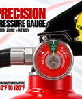 Precision pressure gauge of Tough As Nails ABC Dry Chemical Fire Extinguisher 4 Pack Rated 3A 40BC showing ready green zone.