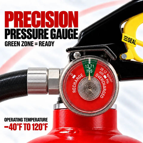 Precision pressure gauge of Tough As Nails ABC Dry Chemical Fire Extinguisher 4 Pack Rated 3A 40BC showing ready green zone.