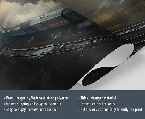 Close-up of Steam Train Wall Mural With Vintage Locomotive On City Tracks 3D Look showing folded silk cloth material