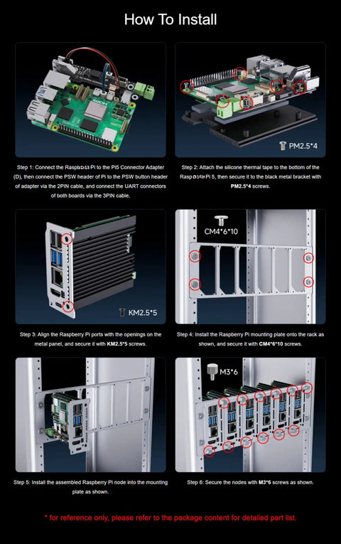 Kickass 2U Rack Mount Enclosure For Raspberry Pi 4 And Pi 5 Server Clusters installation guide showing installation steps and components.