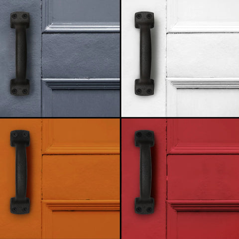 Rustic Barn Door Hardware Set Of 2 Black Cast Iron Gate Handles 7 Inch Heavy Duty Sliding Door Pulls installed on colorful doors