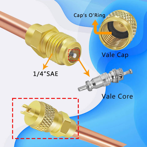 Front view of brass HVAC Schrader valve assembly with 1/4 in SAE x 1/4 in OD threads and copper tube.