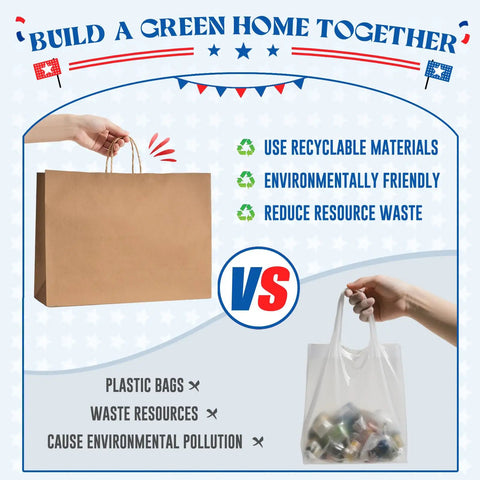 Comparison of Bulk 400 Pack 16x6x12 Inch Kraft Paper Bags With Handles Reusable For Biz Grocery Birthday Wedding Kids Party And Favors Eco Friendly Recyclable Shopping Bags and plastic bag.