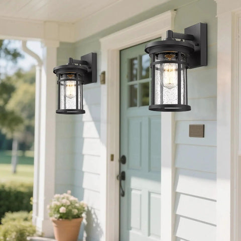 Black Outdoor Wall Light Fixture Seeded Glass Modern Farmhouse Exterior Lantern With E26 Base on porch wall