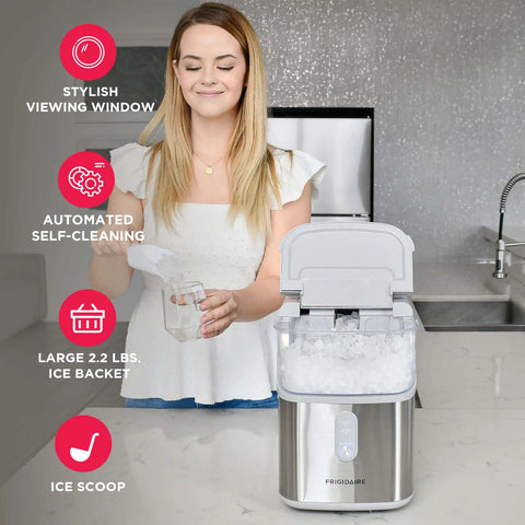 Next Level Countertop Nugget Ice Maker Built With Quick Fifteen Minute Cycle To Serve Hella Delicious Chewable Soft Ice Daily Near Thirty Three Pounds With Sleek Metallic Finish, featuring automated self-cleaning and 2.2 lbs ice basket.
